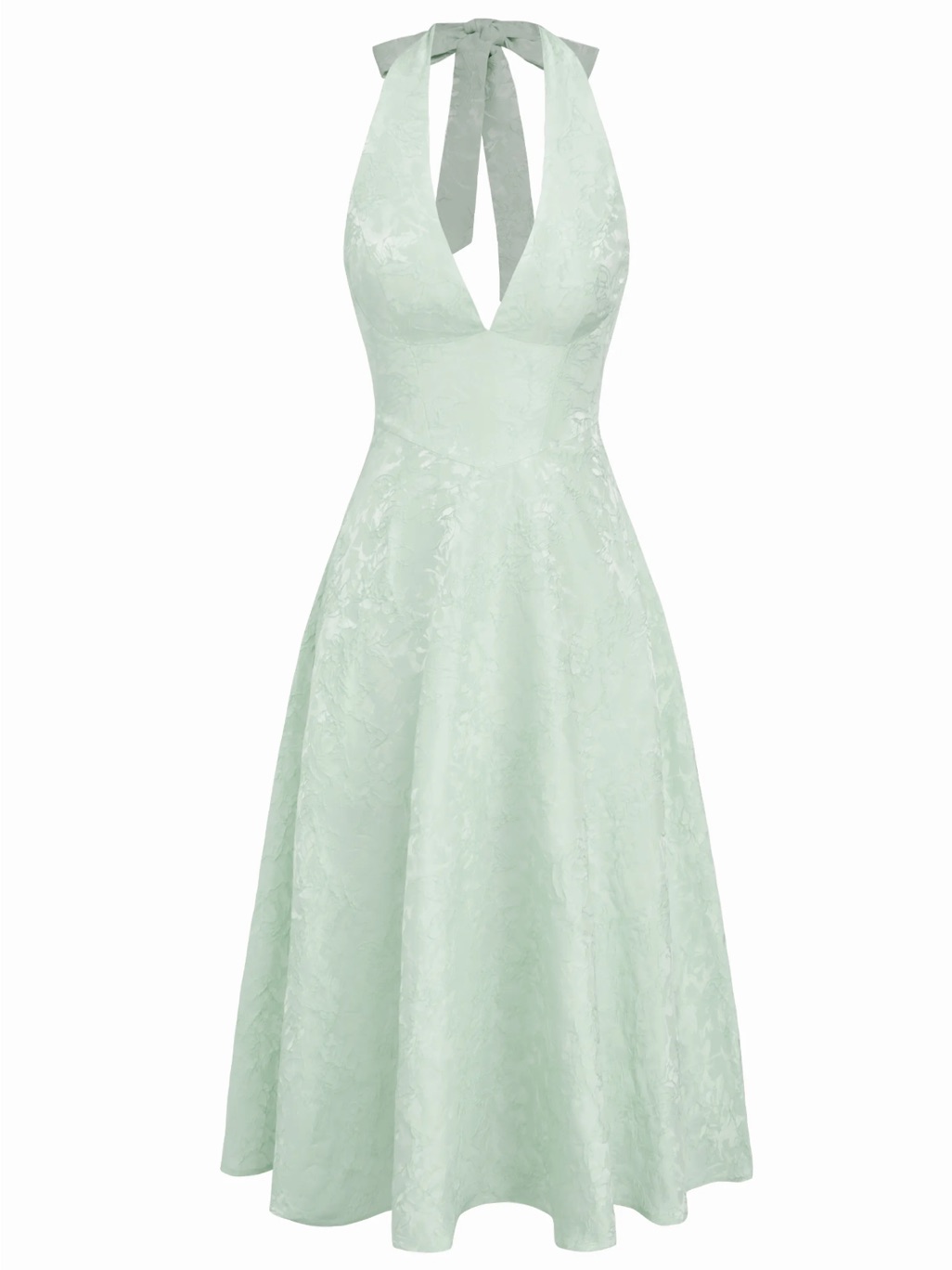 Halter V-Neck Mint Green Jacquard A-Line Dress
